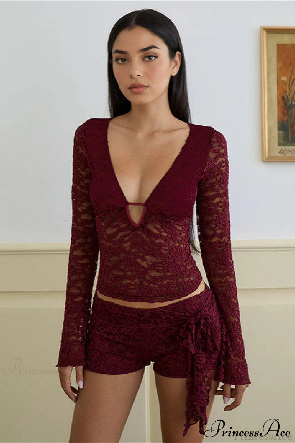 Lace V Neck Cutout Long Sleeve Tee Red / S