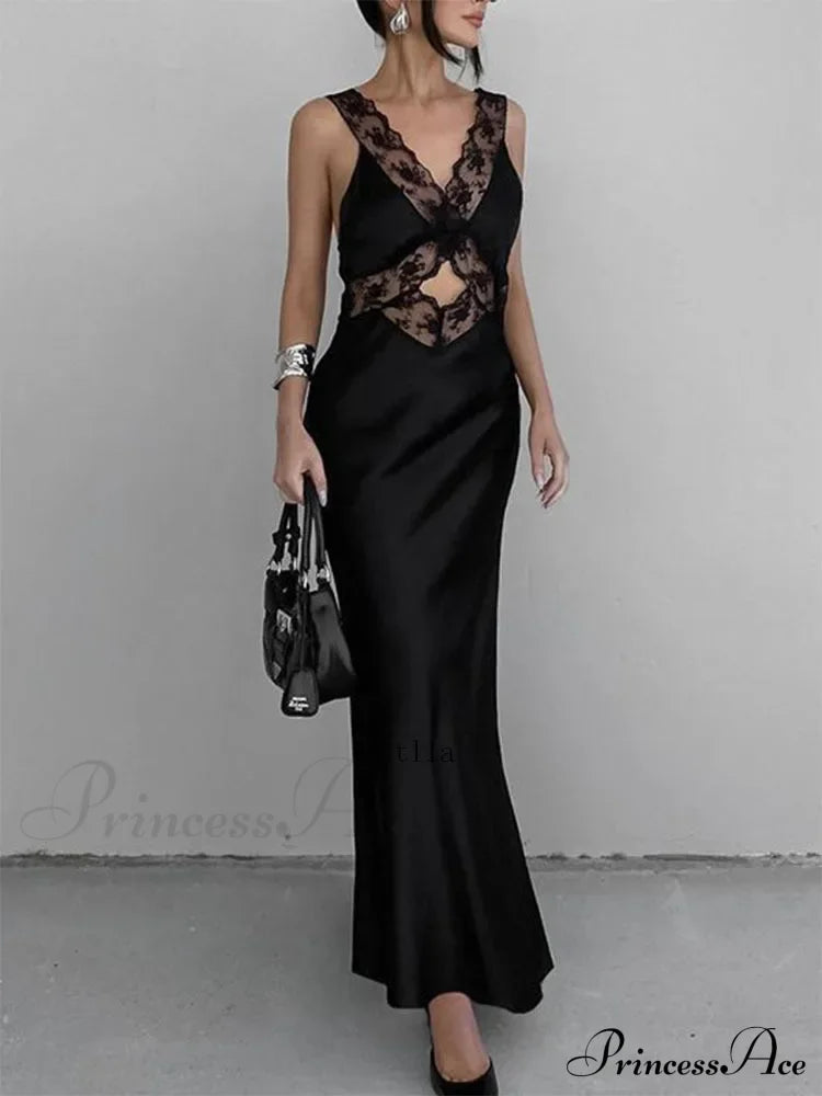 Lace V Neck Evening Fashion Maxi Dress