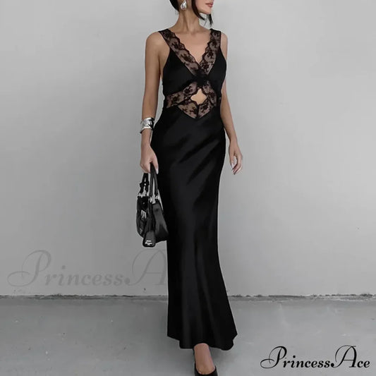 Lace V Neck Evening Fashion Maxi Dress Black / S