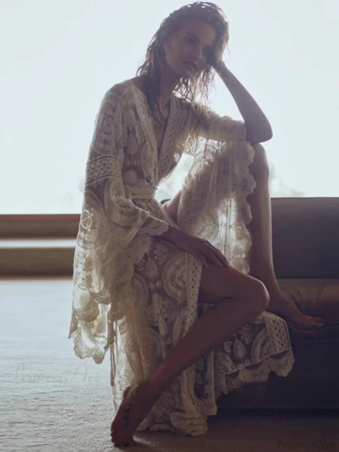 Lace V-Neck Flare Sleeve Beach Cover Up WHITE / One Size