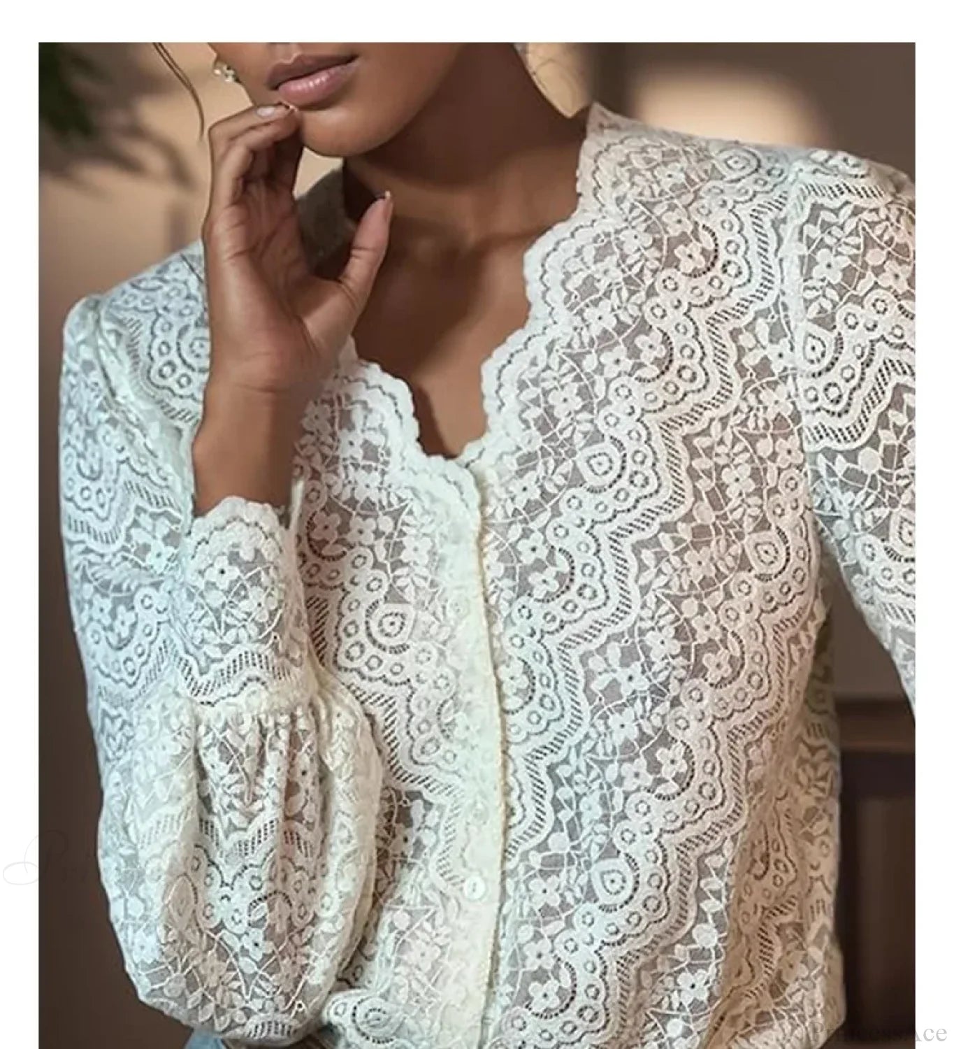 Lace V-Neck Floral Vintage Elegant Long Sleeve Boho Blouse APRICOT / S bohoblouse-250126