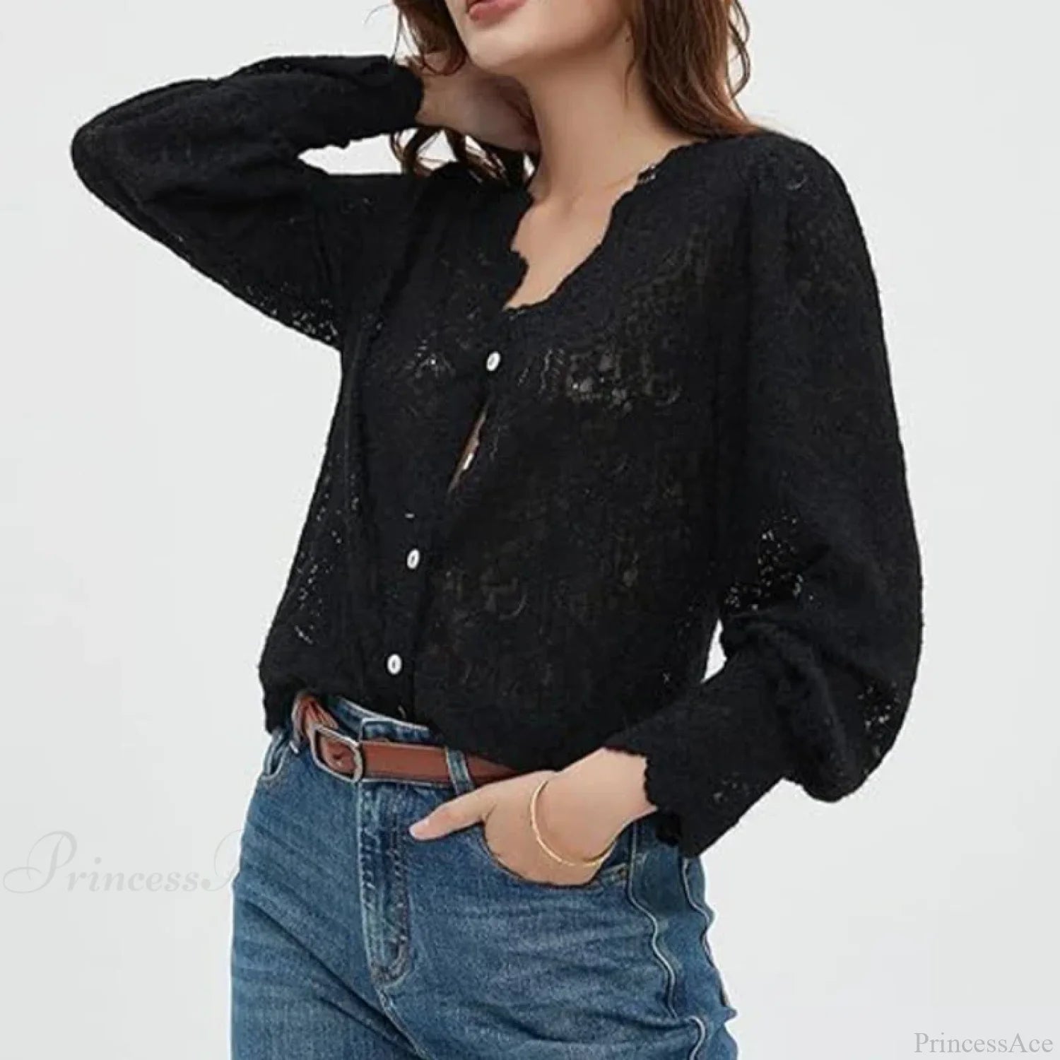 Lace V-Neck Floral Vintage Elegant Long Sleeve Boho Blouse Black / S bohoblouse-250126