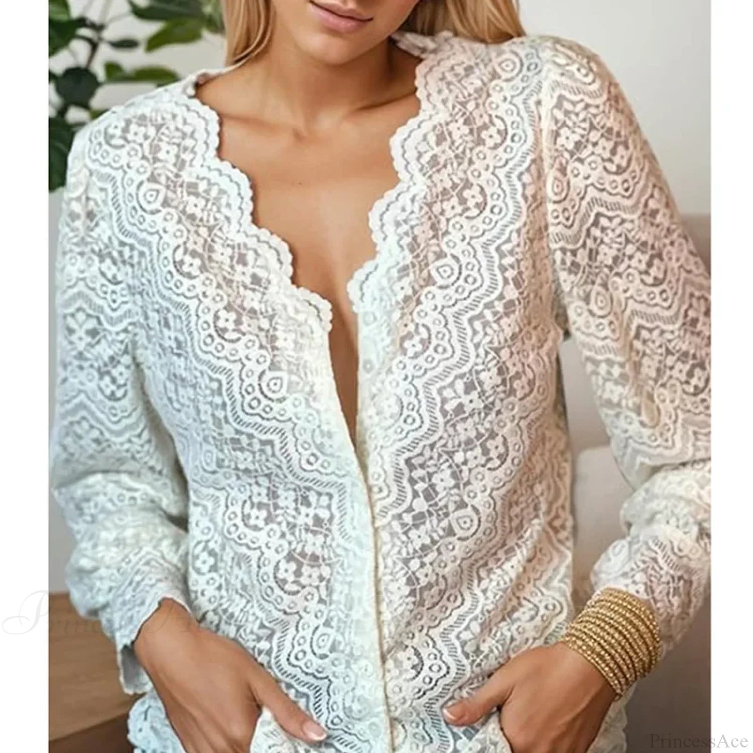 Lace V-Neck Floral Vintage Elegant Long Sleeve Boho Blouse bohoblouse-250126