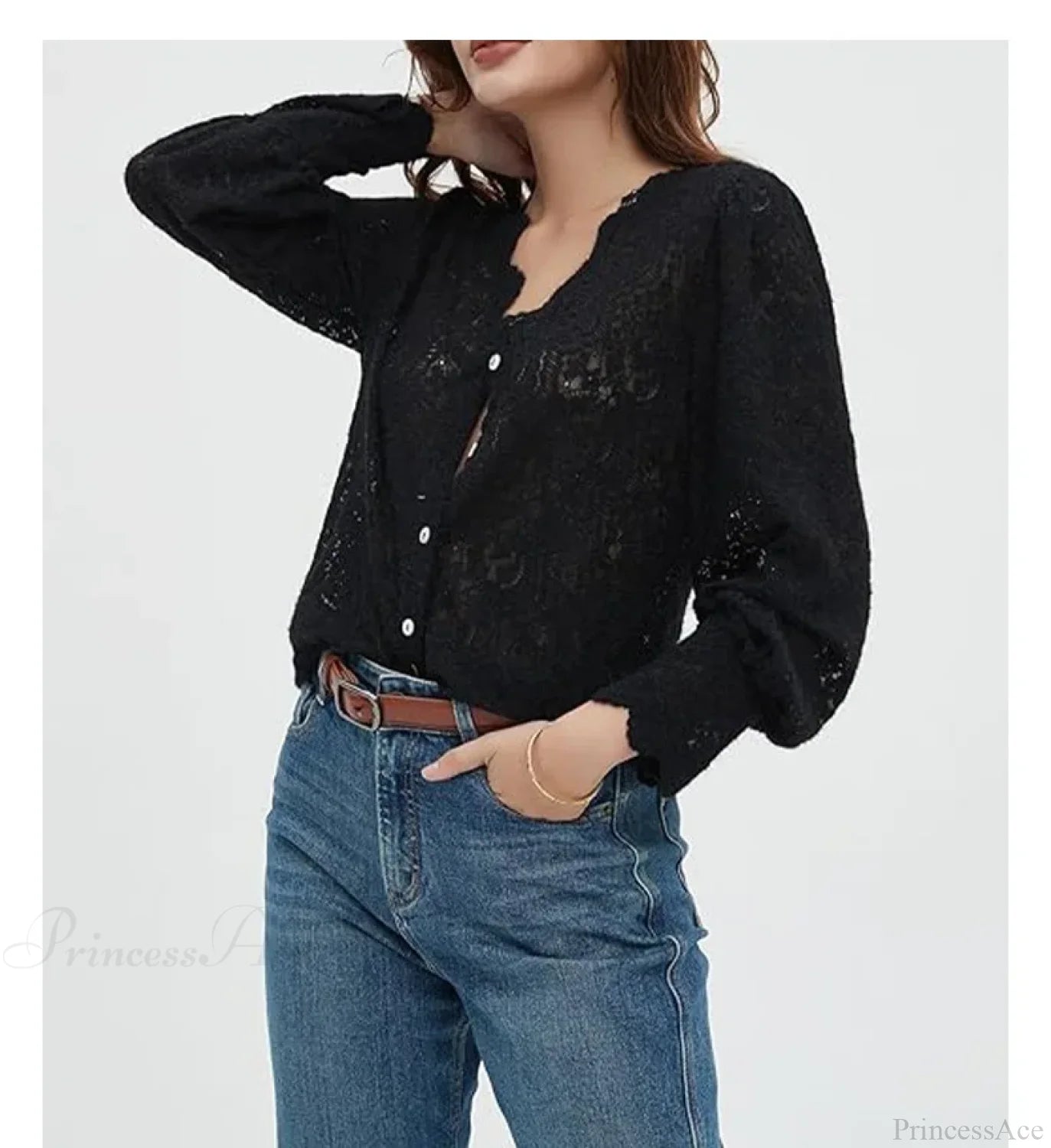 Lace V-Neck Floral Vintage Elegant Long Sleeve Boho Blouse bohoblouse-250126