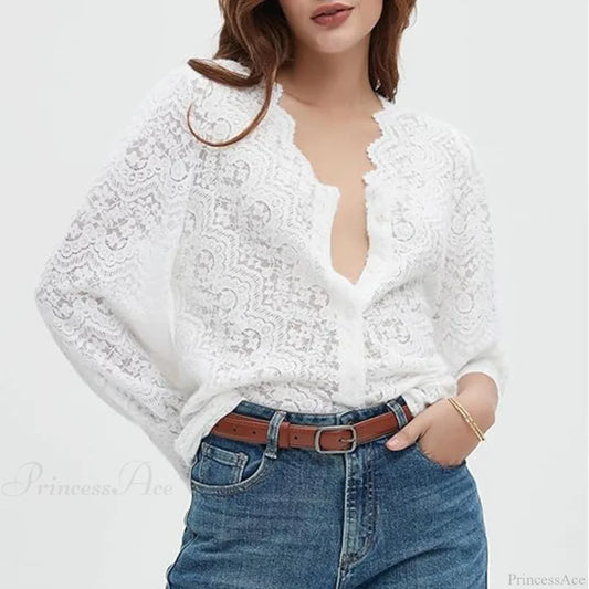 Lace V-Neck Floral Vintage Elegant Long Sleeve Boho Blouse White / S bohoblouse-250126
