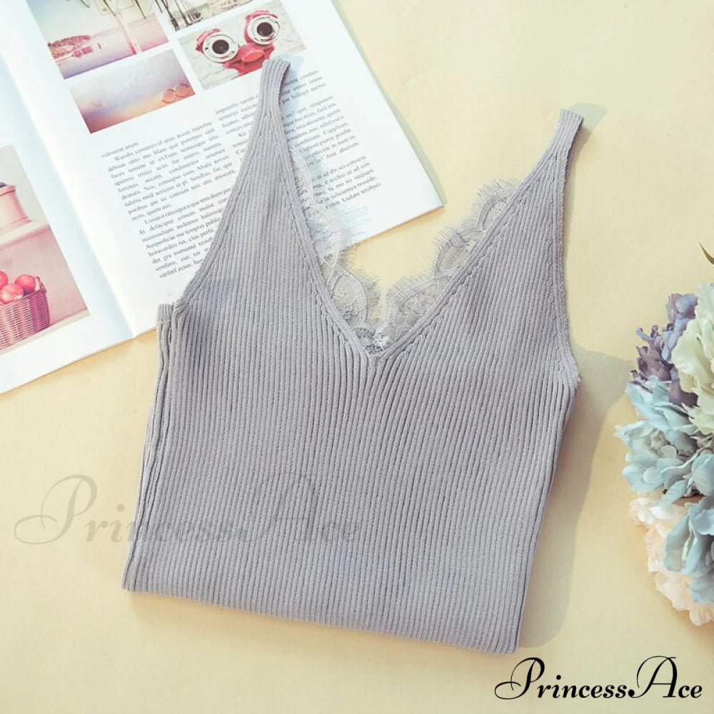 Lace V-Neck Solid Knitted Camisoles Gray / One Size