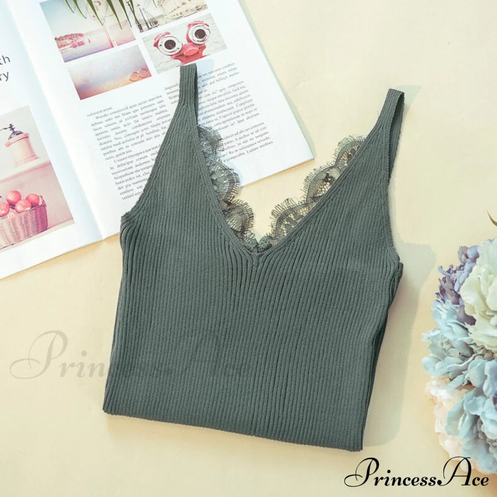 Lace V-Neck Solid Knitted Camisoles Green / One Size