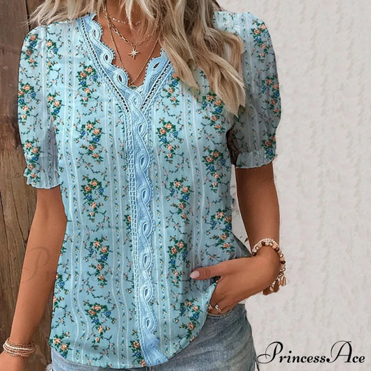 Lace Decoration Floral Blouse Blue best Best Sellings clothes Plus Size Sale tops Topseller