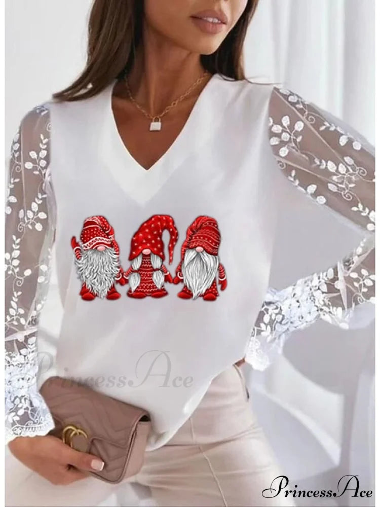 Lace Women’s Patchwork Silver Maroon Reindeer Christmas Peach Trim Tee Red / S Sweatshirts &