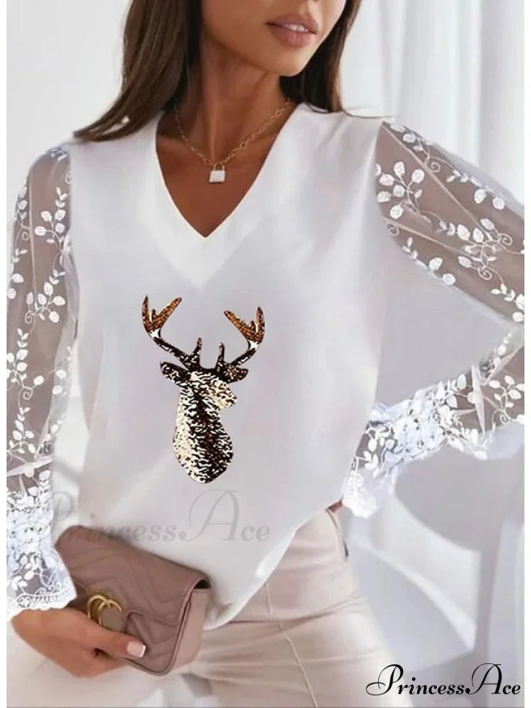 Lace Women’s Patchwork Silver Maroon Reindeer Christmas Peach Trim Tee / S Sweatshirts & Hoodies-L