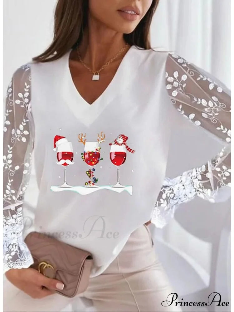 Lace Women’s Patchwork Silver Maroon Reindeer Christmas Peach Trim Tee Wine / S Sweatshirts &