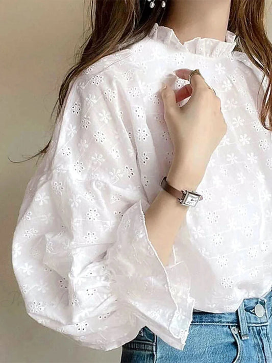 Lacing Pleating Lantern Sleeve Blouse Vintage Blouse blouse-250126