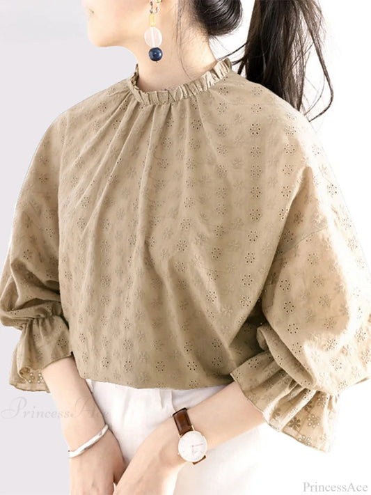 Lacing Pleating Lantern Sleeve Blouse Vintage Blouse Khaki / S blouse-250126