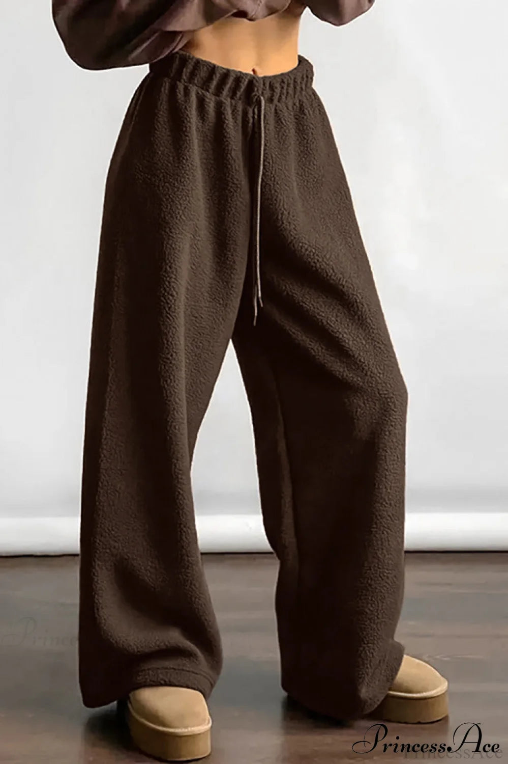 Lamb Fleece Casual Tie Waist Sports Pants Brown / S