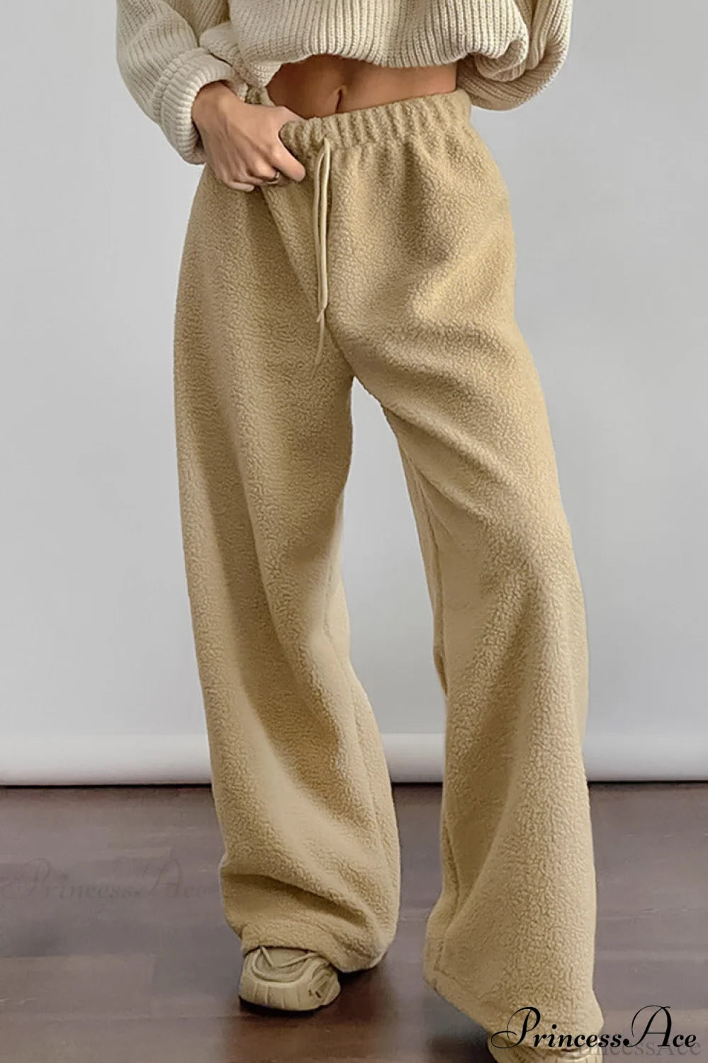 Lamb Fleece Casual Tie Waist Sports Pants Khaki / S