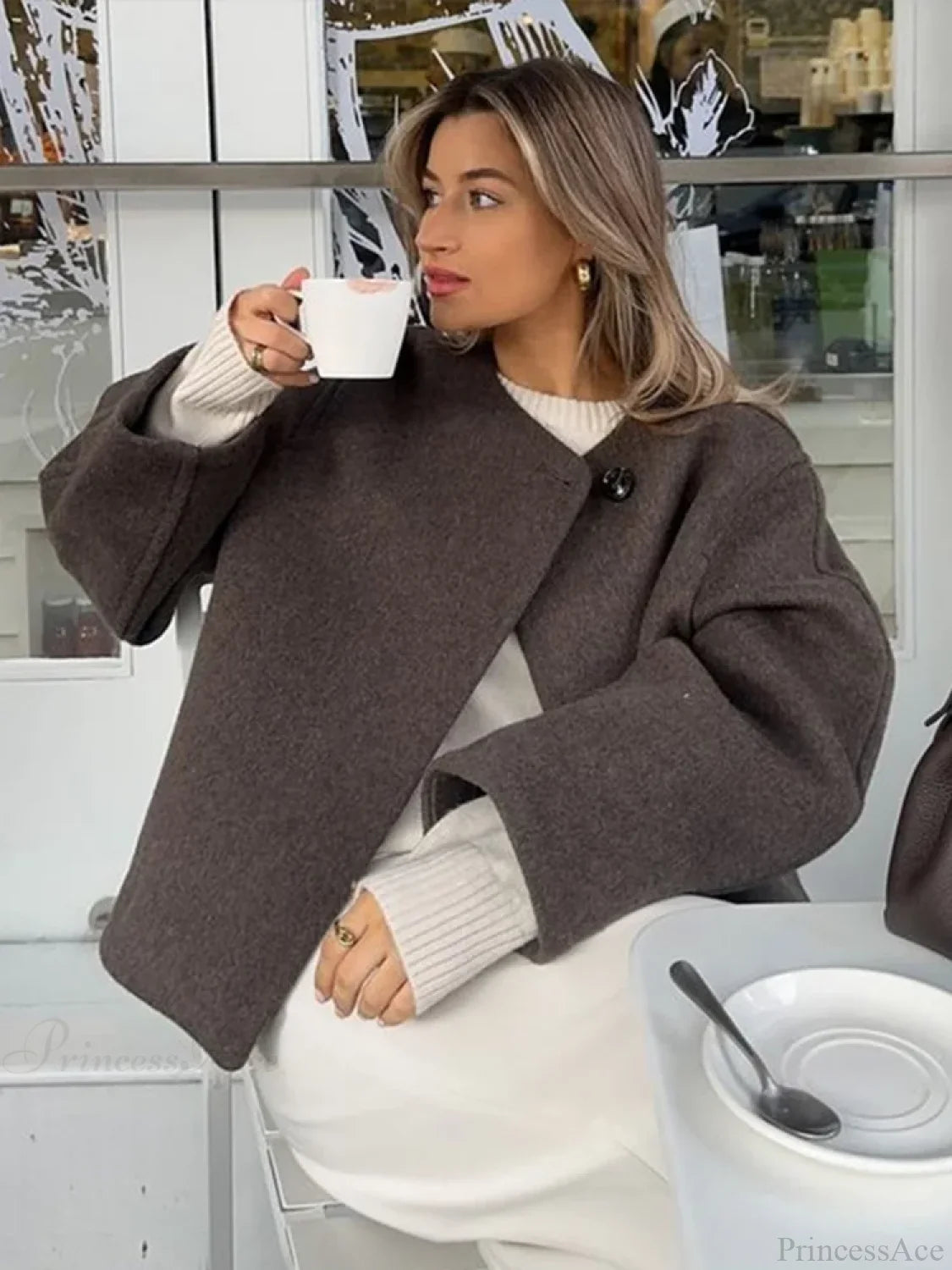 Lamb Wool Lapel Full Sleeve Overcoat Brown / S