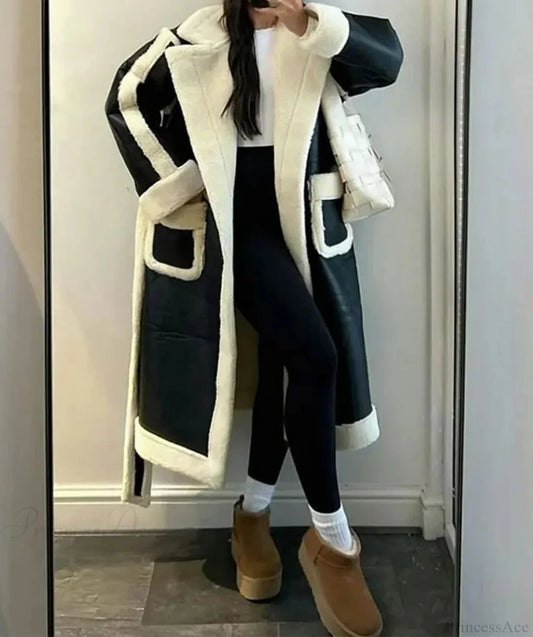 Lambwool Patchwork Leather Long Coat black and white / S