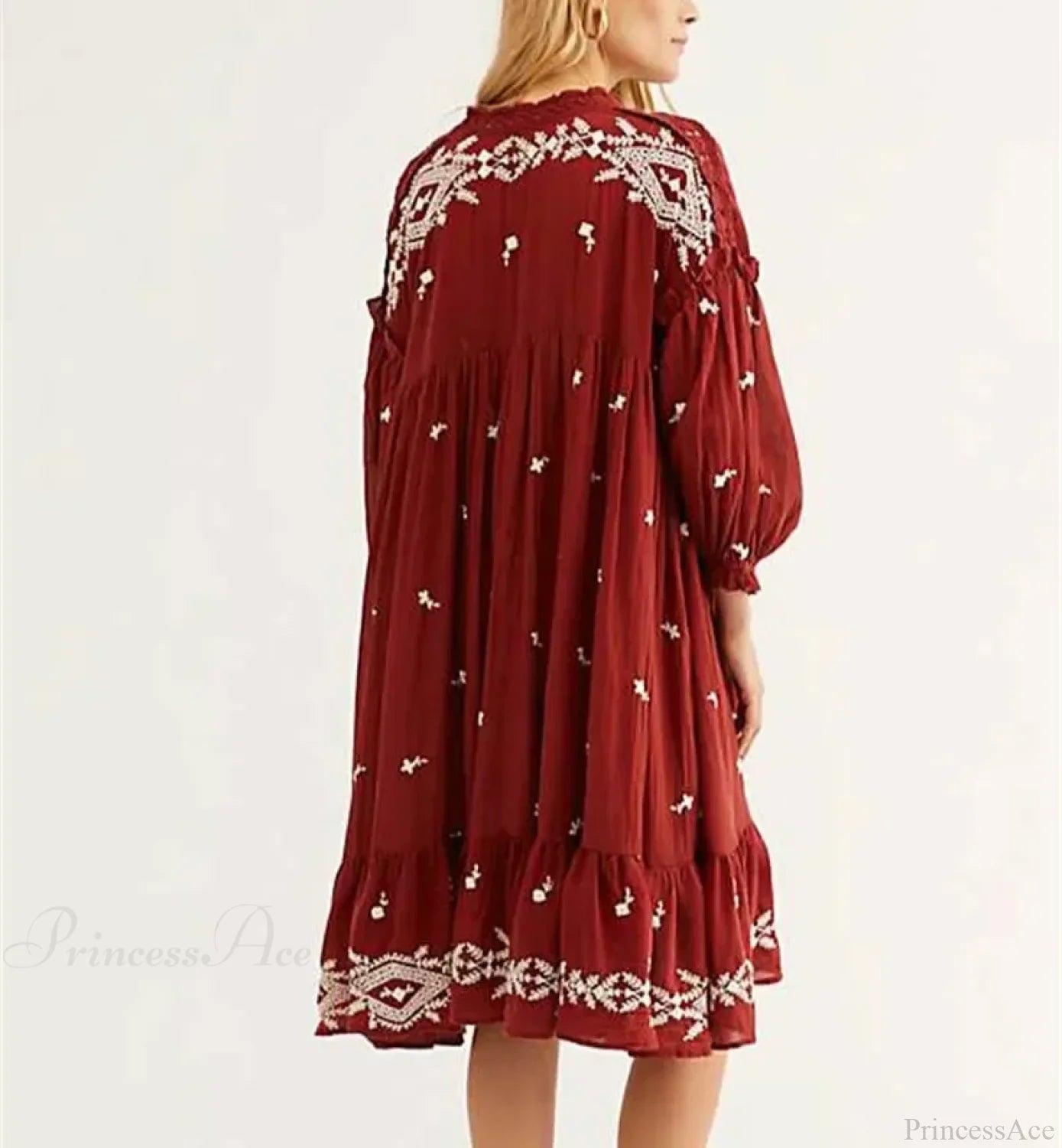 Lantern Long Sleeve Cotton Rayon Embroidery Dress bohodress-250126