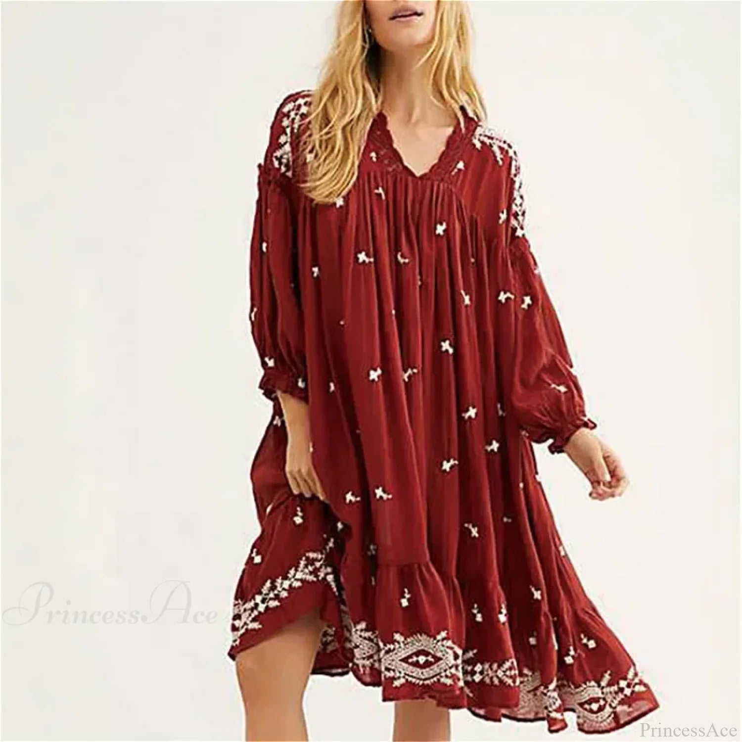 Lantern Long Sleeve Cotton Rayon Embroidery Dress bohodress-250126