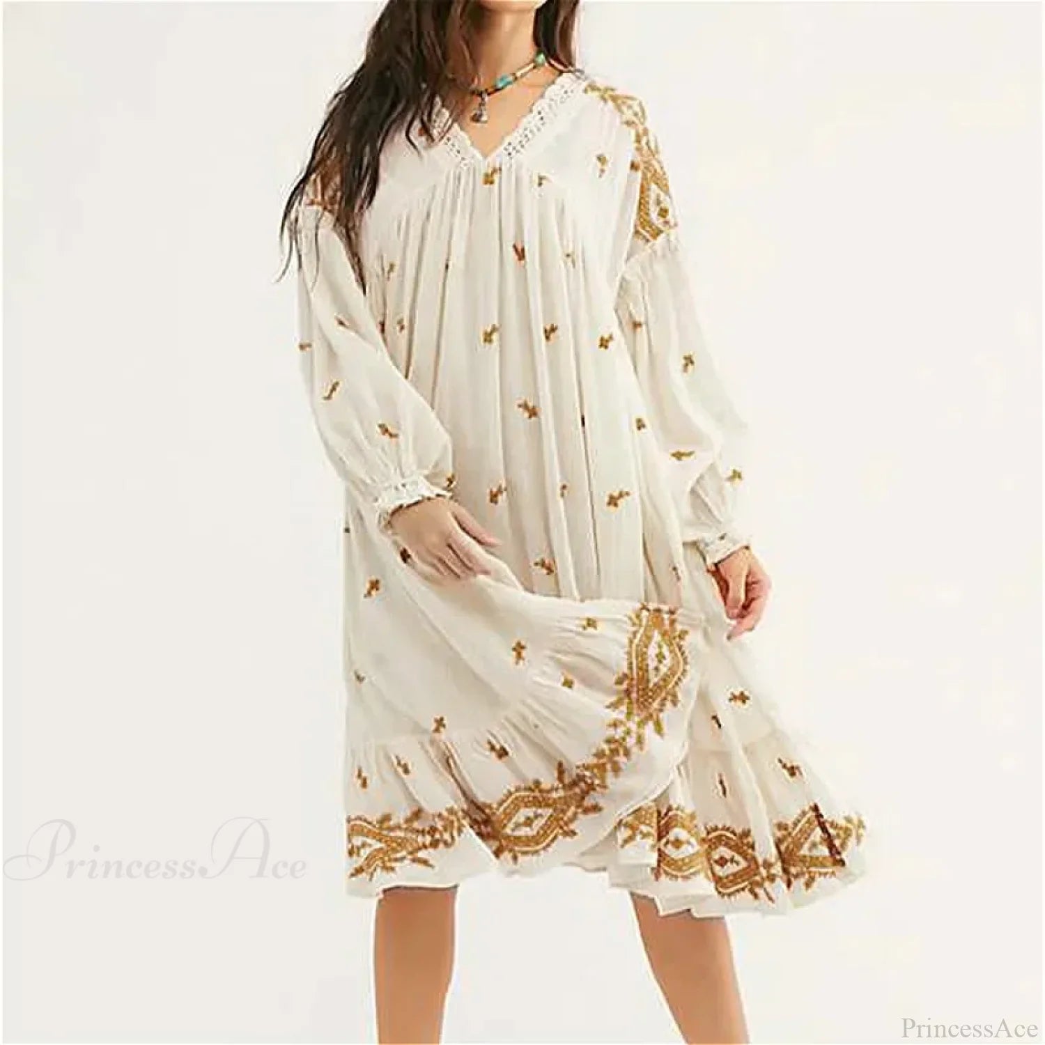Lantern Long Sleeve Cotton Rayon Embroidery Dress bohodress-250126