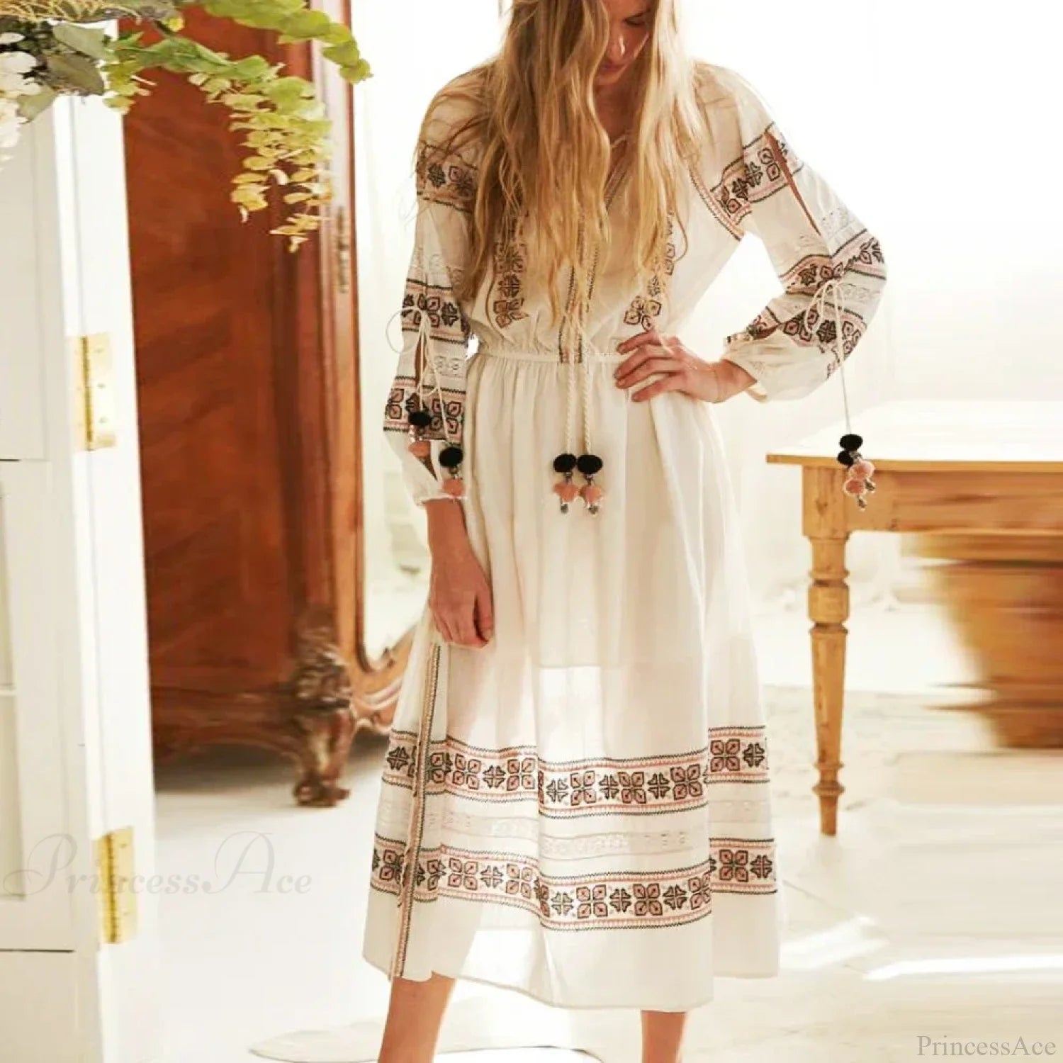 Lantern Long Sleeve Lace Maxi Boho Dress bohodress-250126