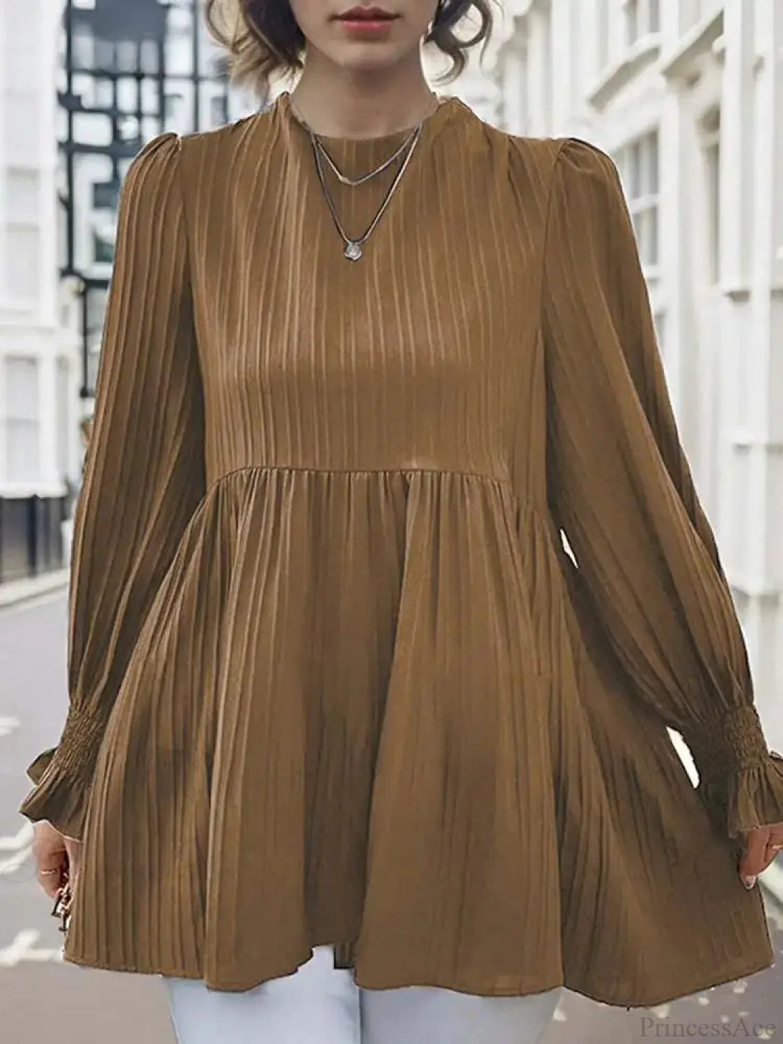 Lantern Long Sleeve Pleated Blouse Casual Blouse Brown / S blouse-250126