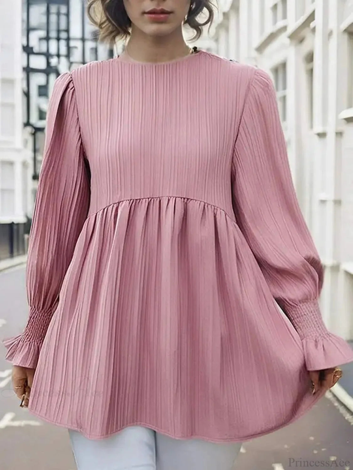Lantern Long Sleeve Pleated Blouse Casual Blouse Pink / S blouse-250126