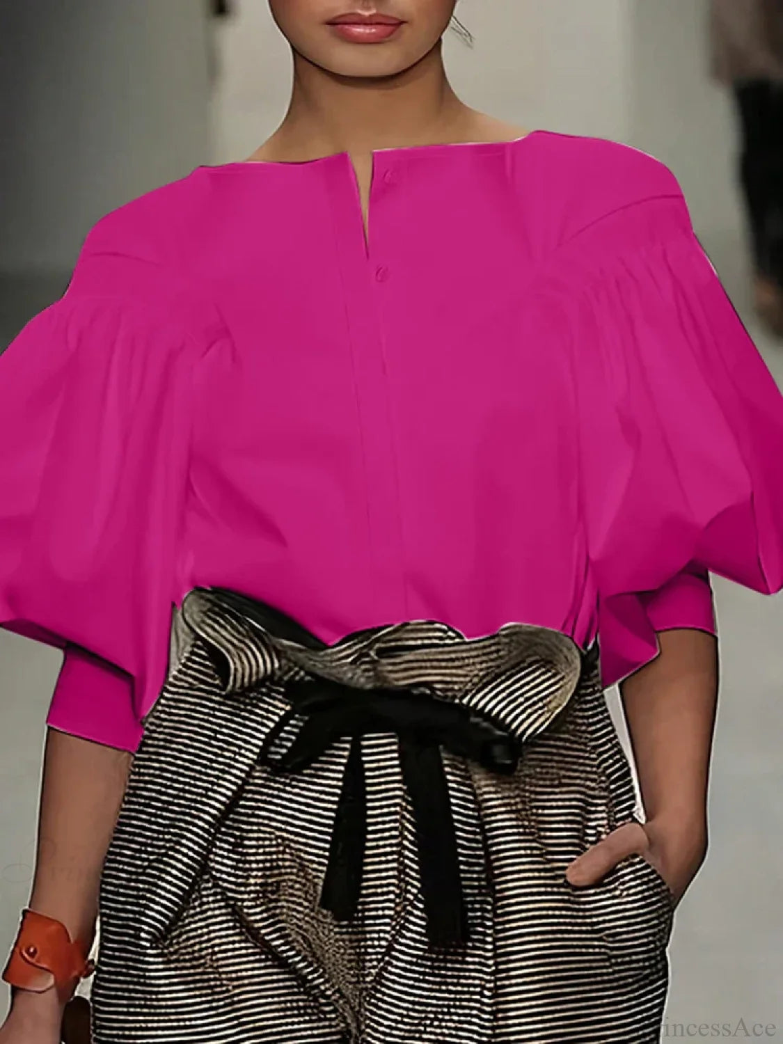 Lantern Quarter Sleeve Button Round Neck Blouse Dark Pink / S blouse-250126