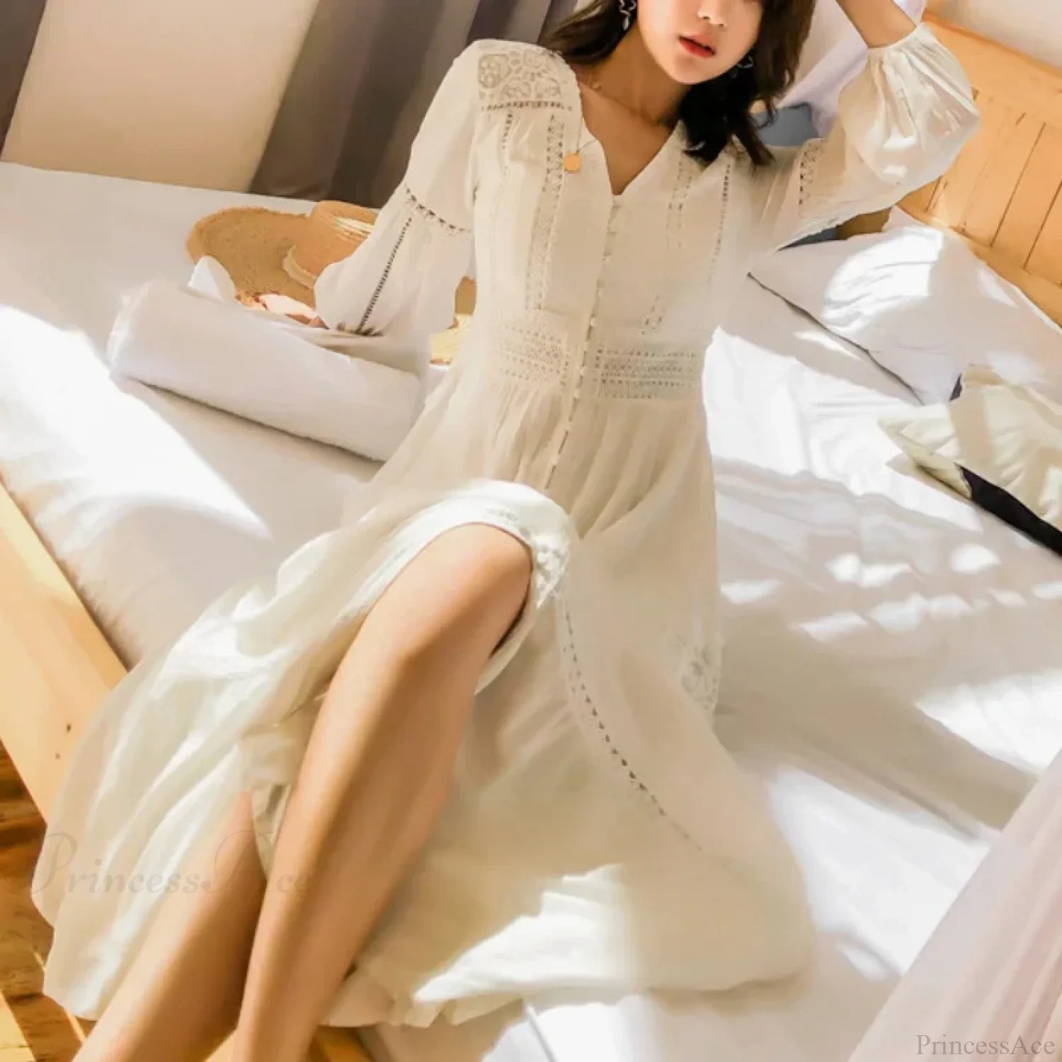 Lantern Sleeve Cotton Rayon Lace Splice Long Dress Vintage White V-neck bohodress-250126