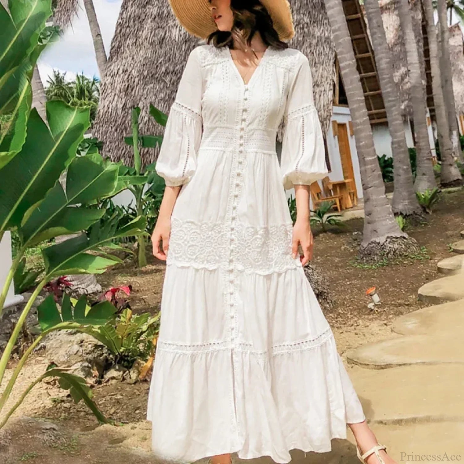 Lantern Sleeve Cotton Rayon Lace Splice Long Dress Vintage White V-neck WHITE / S bohodress-250126