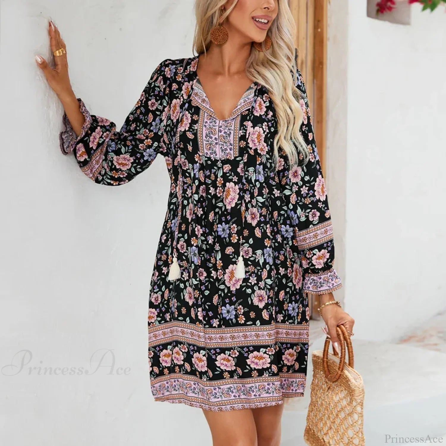 Lantern Sleeve Floral Boho Dress bohodress-250126