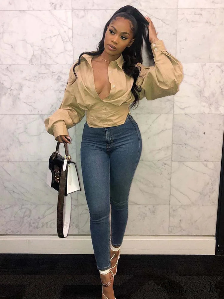 Lantern Sleeve Graceful Belted Shirt Dress Khaki / M Shirts & Tops