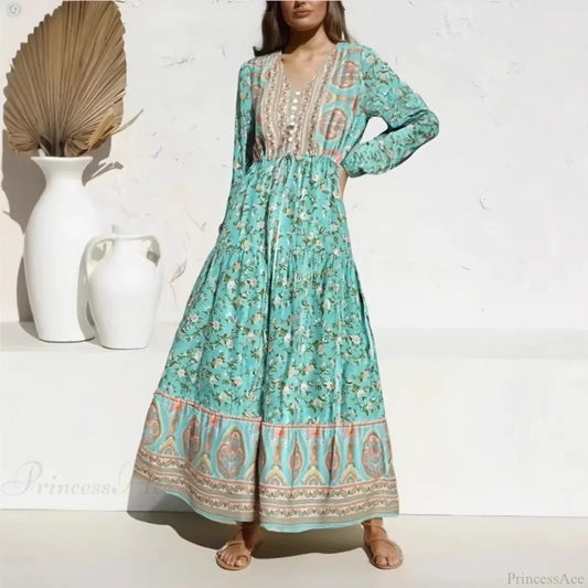 Lantern Sleeve Loose V-neck Green Floral Print Summer Maxi Boho Dress GREEN / S bohodress-250126