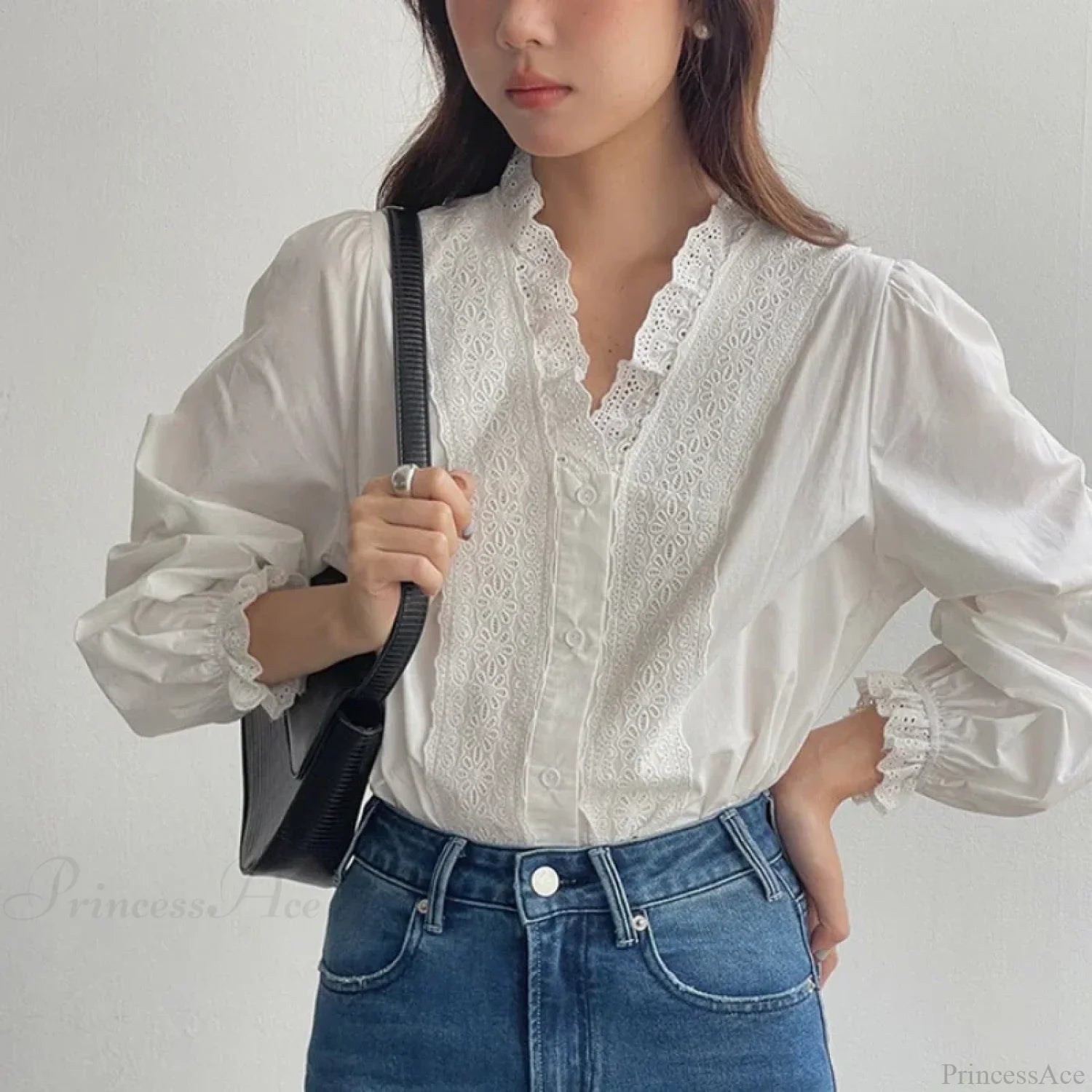 Lantern Sleeve Ruffles V-Neck Cotton Boho Office Blouse white / One Size bohoblouse-250126