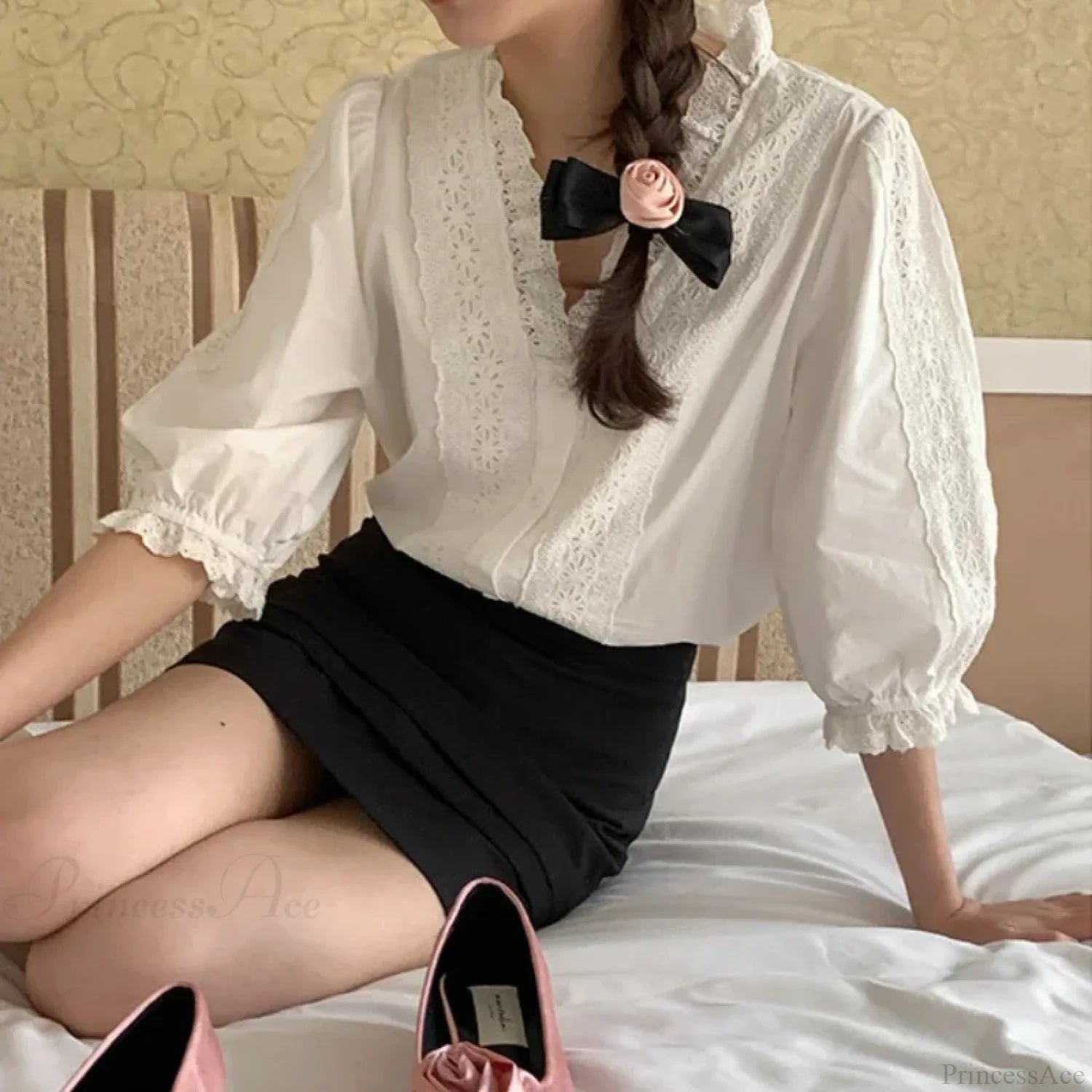 Lantern Sleeve Ruffles V-Neck Cotton Boho Office Blouse white / One Size bohoblouse-250126