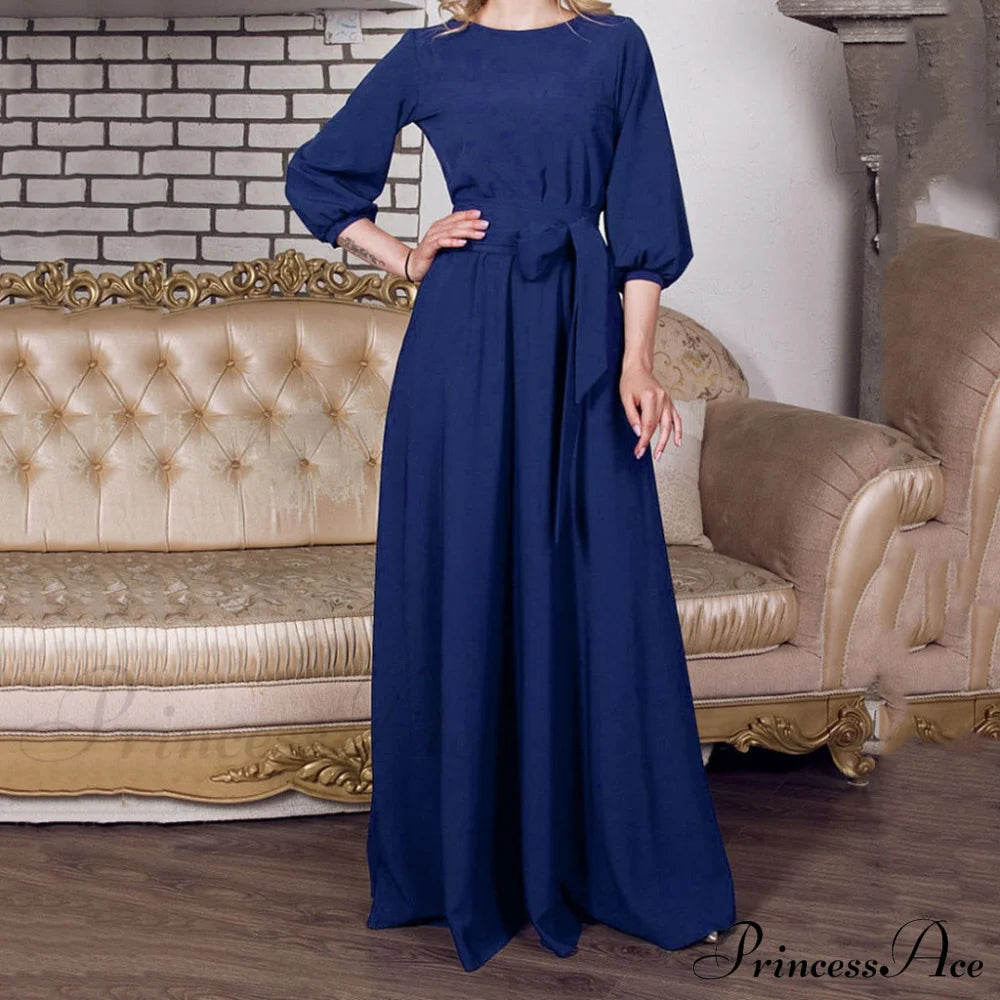 Lantern Sleeve Solid Belt Long Christmas Dress