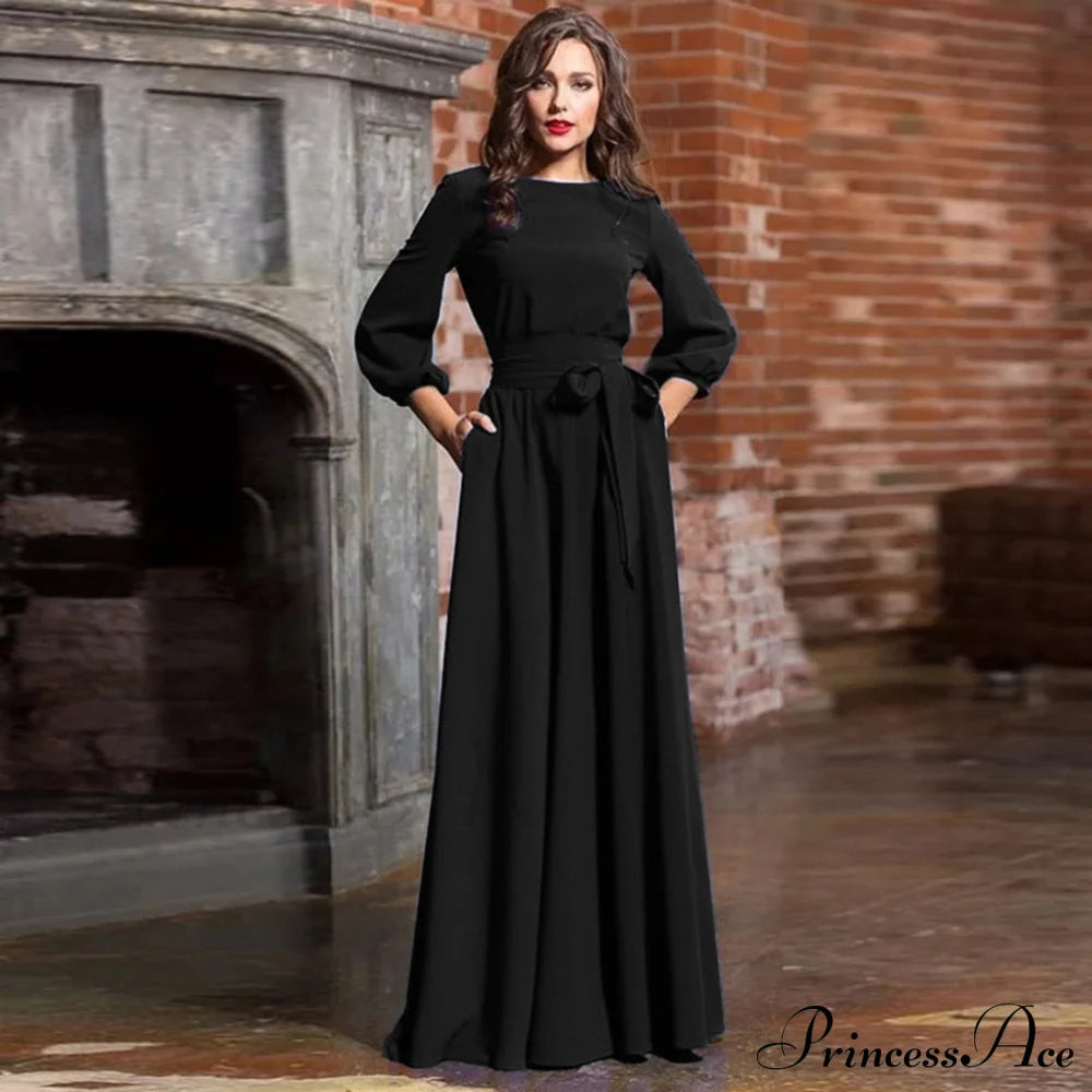 Lantern Sleeve Solid Belt Long Christmas Dress