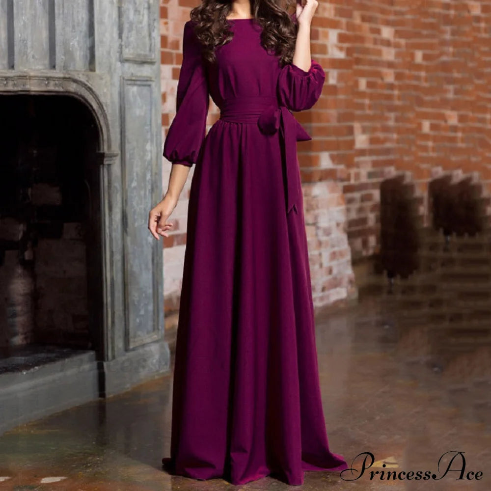 Lantern Sleeve Solid Belt Long Christmas Dress