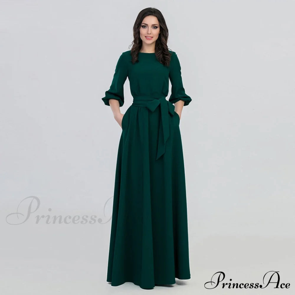 Lantern Sleeve Solid Belt Long Christmas Dress Green / S