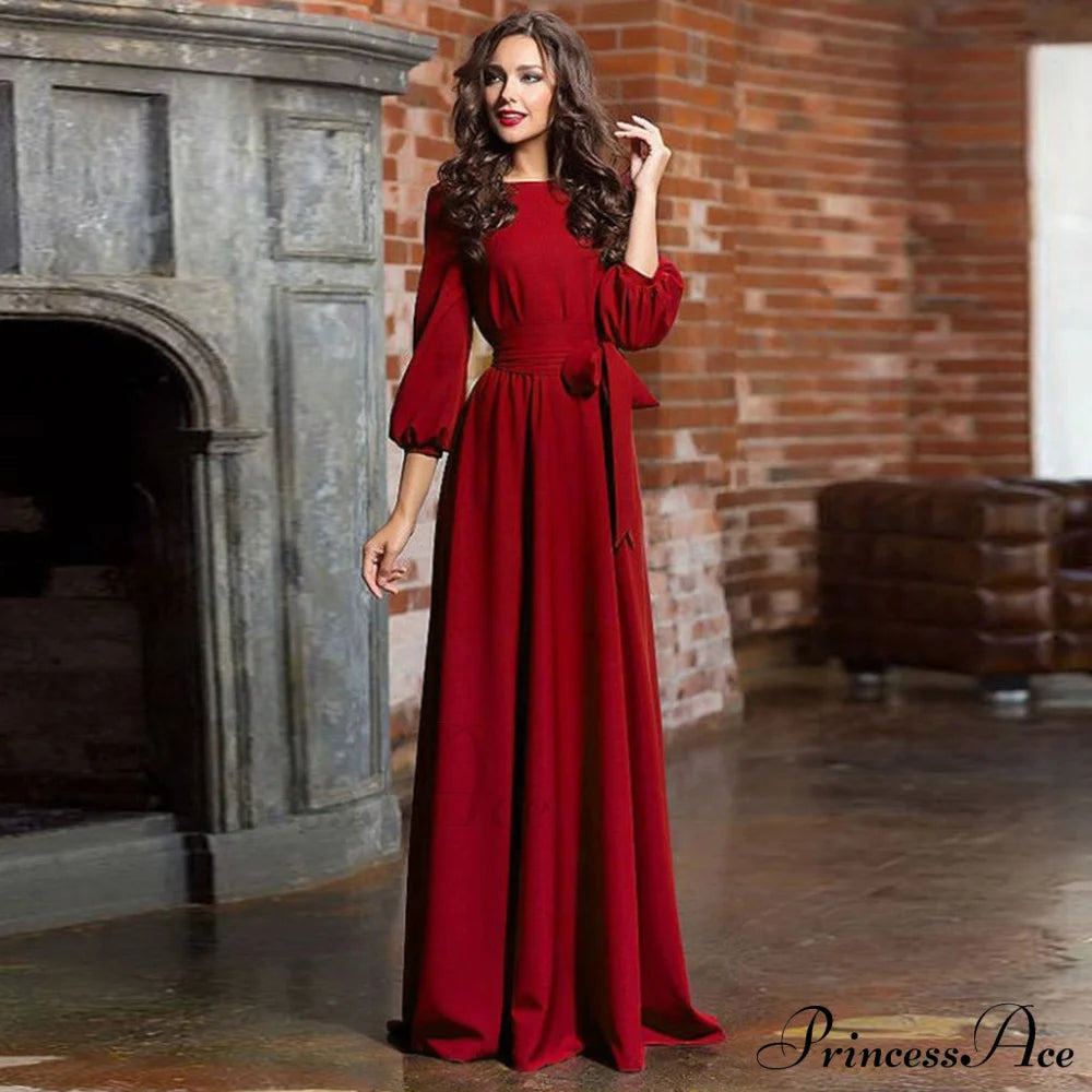 Lantern Sleeve Solid Belt Long Christmas Dress Wine / S