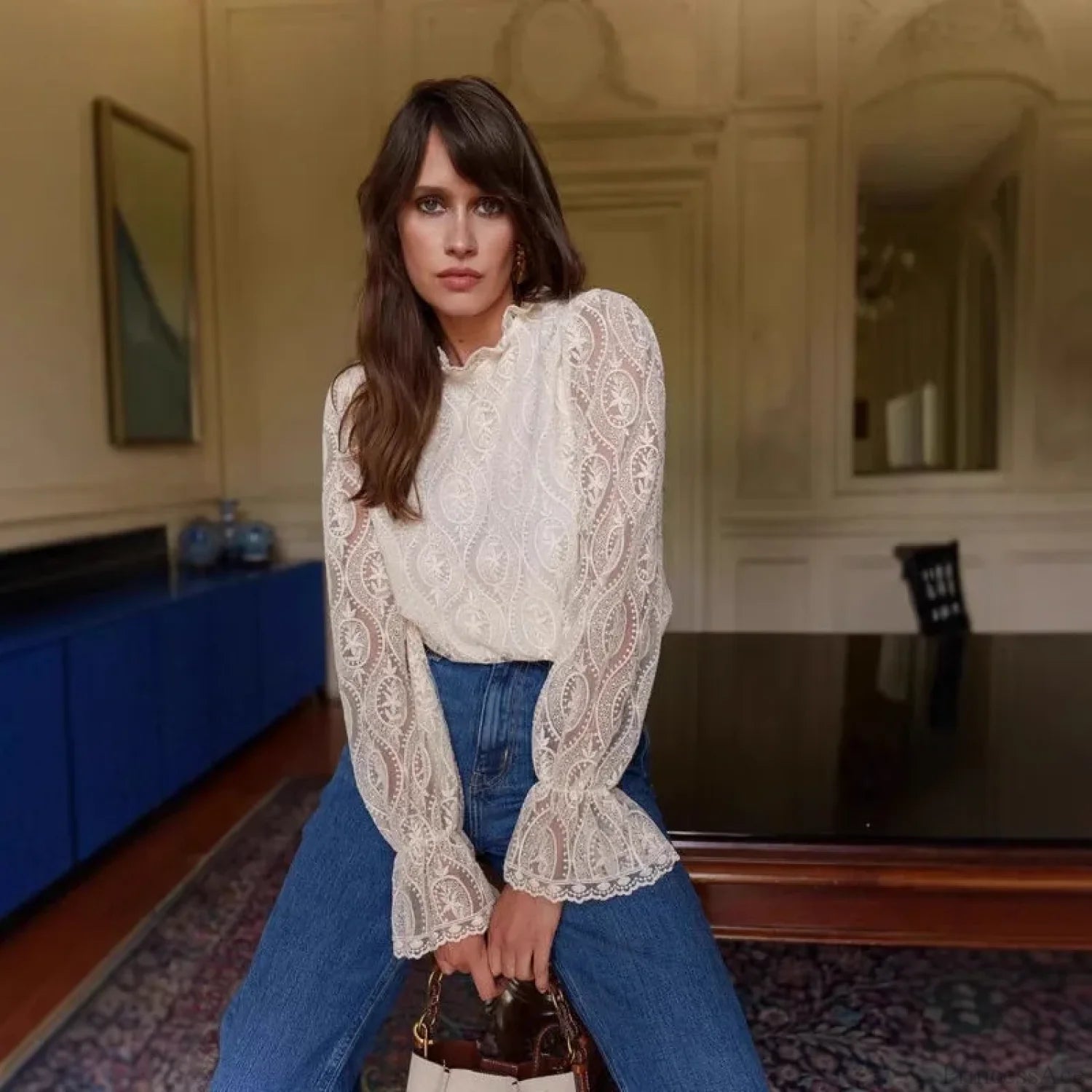 Lantern Sleeve Stand Neck Floral Boho Blouse APRICOT / M bohoblouse-250126