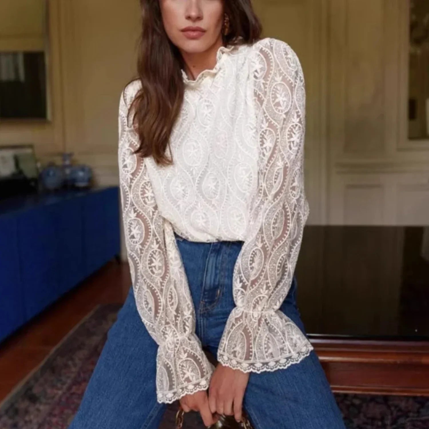 Lantern Sleeve Stand Neck Floral Boho Blouse WHITE / M bohoblouse-250126