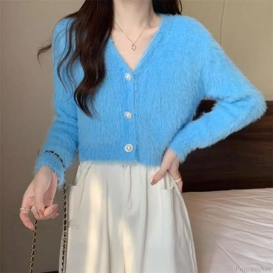 Lantern Sleeve V-Neck Solid Button-Up Knit Cardigan Coat Blue / S cardiagn-250126