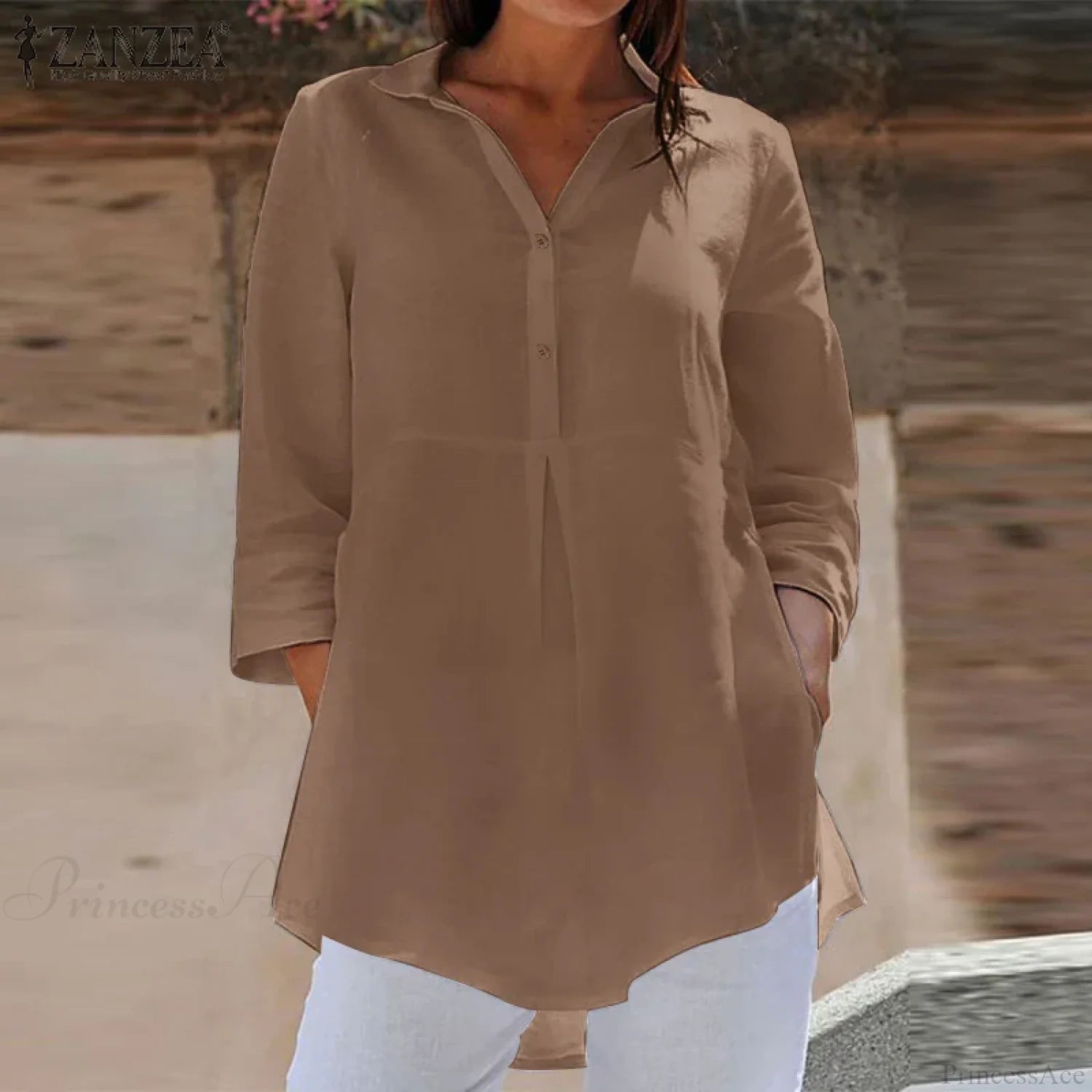 Lapel Neck 3/4 Sleeve Casual Loose Button Blouse blouse-250126