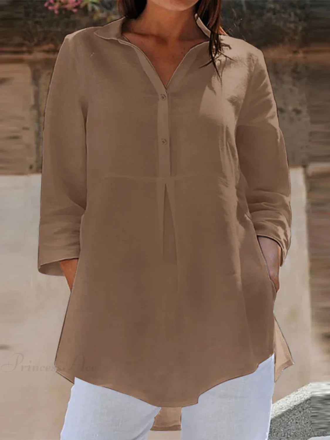 Lapel Neck 3/4 Sleeve Casual Loose Button Blouse Coffee / S blouse-250126