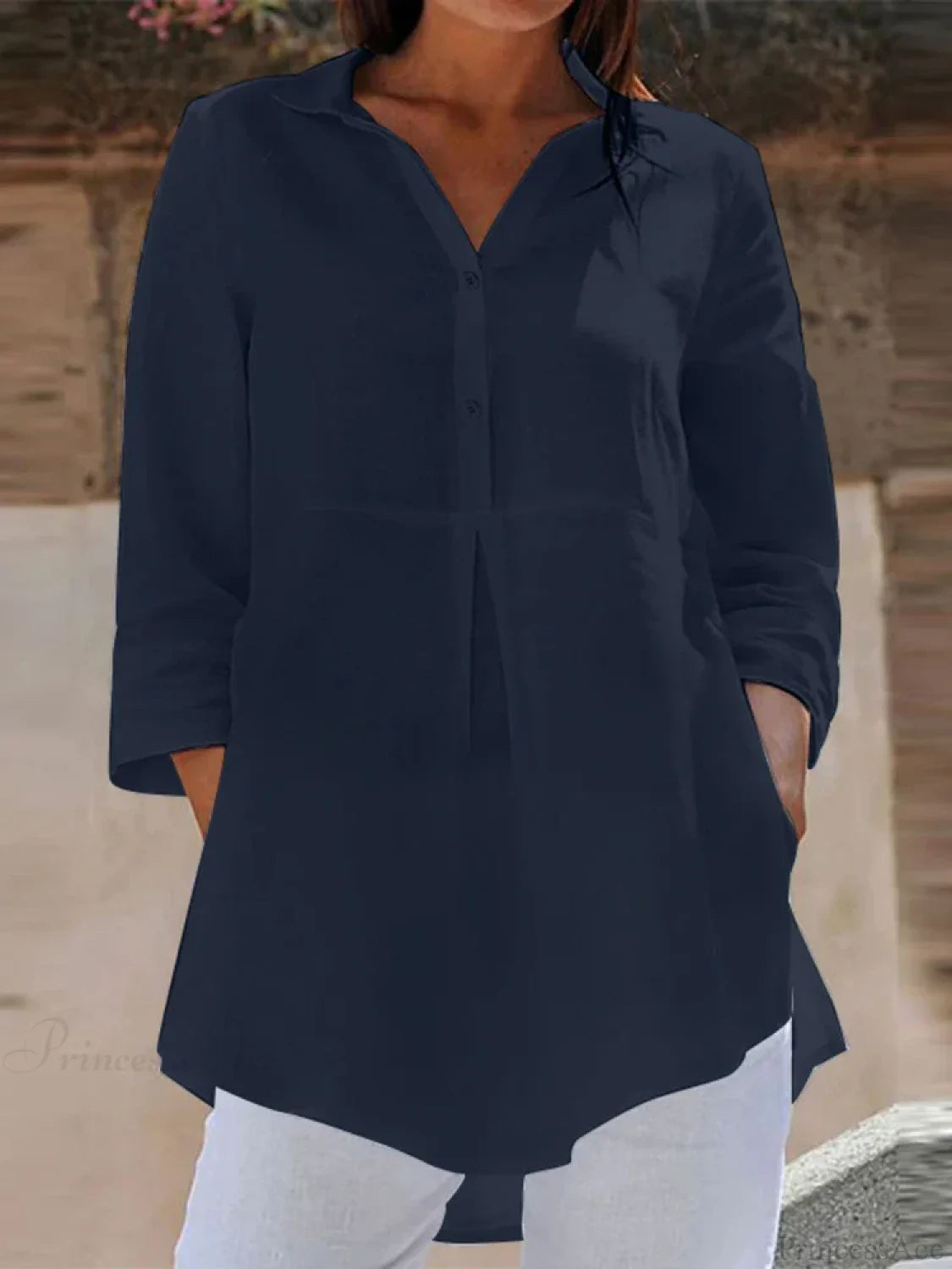 Lapel Neck 3/4 Sleeve Casual Loose Button Blouse Navy / S blouse-250126