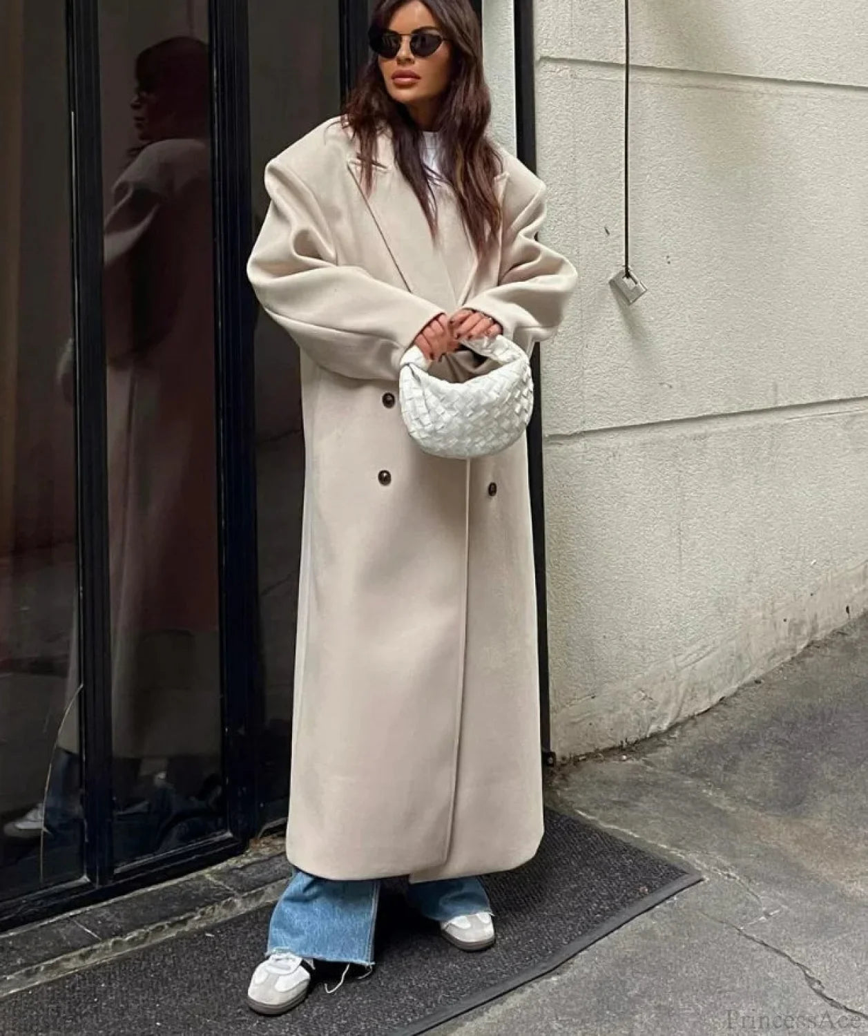 Lapel Woolen Double-Breasted Shoulder Pad Overcoat Beige / S