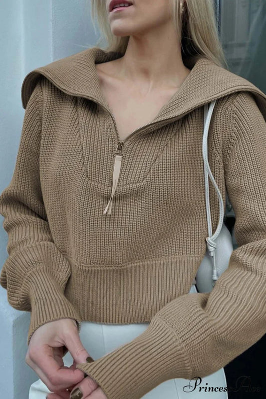 Lapel Zipper Sweater Khaki / S Sweaters-L