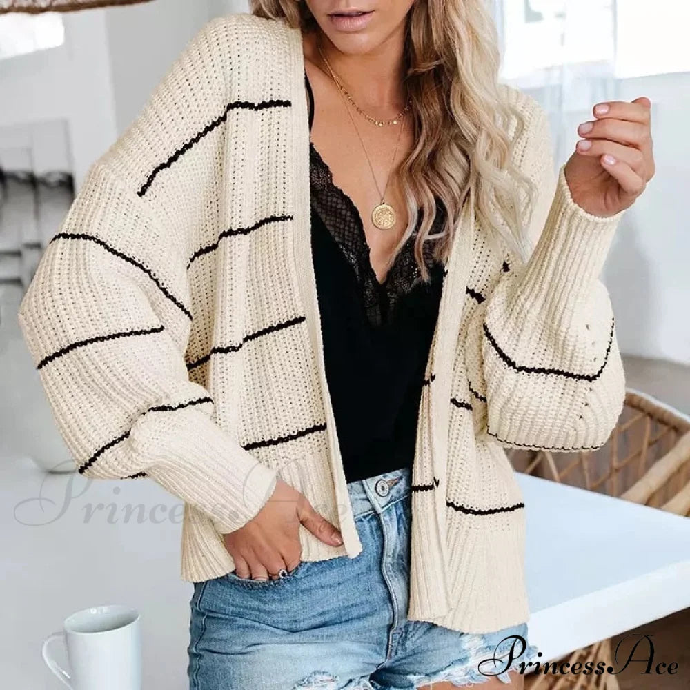 Large Big Loose Strip Printed Vintage Tops Long Sleeve Cardigan