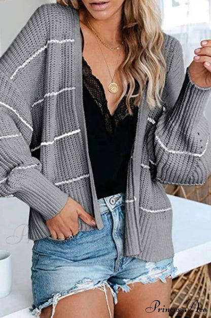 Large Big Loose Strip Printed Vintage Tops Long Sleeve Cardigan Gray / S